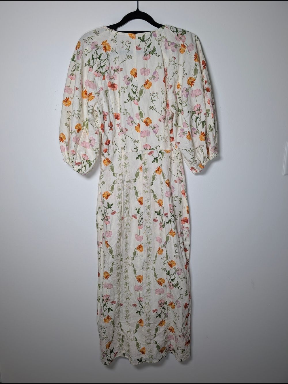H&M Floral Cotton Midi Dress XS Puff Sleeve Cottagecore Button Front White - Picture 10 of 12